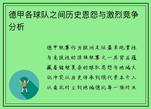 德甲各球队之间历史恩怨与激烈竞争分析